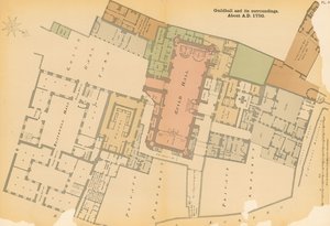 Karta över Guildhall, London, med omnejd omkring 1750