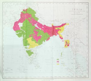 Karta över Indien, som visar framstegen för de kejserliga undersökningarna, publicerad under ledning av överste H.R. Thuillier, R.E., Indiens generallantmätare, 1888