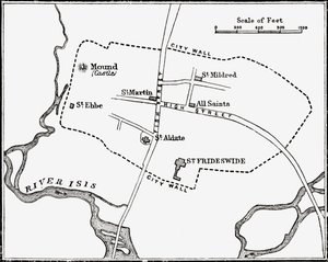 Karta över Oxford, England, 1100-1300-talet, från "A Short History of the English People" av J. R. Green, publicerad 1893. av English School