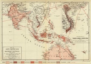 Karta över Sydostasien och norra Australien; Förstorad karta över Tonquin, Annam och Cochin Kina (färgbild) av English School