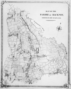 Karta över Hackneyförsamlingen, ritad av John Rocque (ca 1709-1762) 1745