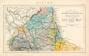 Karta över kolfälten i Northumberland, Cumberland och Durham (färglitografi) av English School