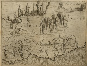 Karta över södra England, inklusive London, Surrey och Sussex