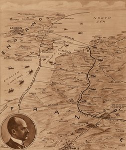 Karta som visar räckvidden för Tysklands kanoner som nådde England under första världskriget (litografi) av English School