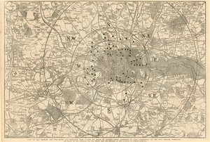 Karta som visar tullportarna och de viktigaste barerna inom 6 miles från Charing Cross, utställd för Lord Palmerston av Toll Reform Committee