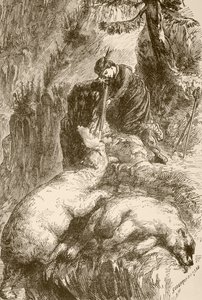 Marguerite de Roberval skjuter två björnar på Isle of Demons utanför Newfoundland (litho) av English School