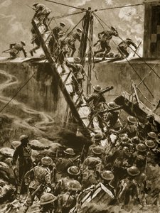Marines och blåjackor dyker upp i landgångarna från H.M.S Vindictive, 1914-19 av English School