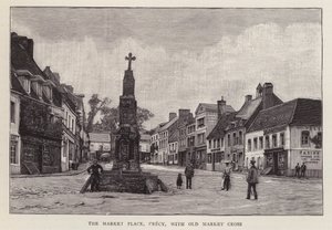 Marknadsplats, Crecy, Frankrike, med det gamla marknadskorset (litho) av English School