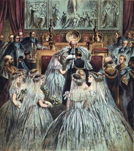 Bröllop av prinsen av Wales (som blev kung Edward VII av England) (1841-1910) med Alexandra av Danmark (Alexandra Caroline Marie Charlotte Louise Julie av Schleswig-Holstein-Sonderburg-Glucksbourg (Schleswig Holstein Sonderburg Glucksbourg) (1844-19) av English School
