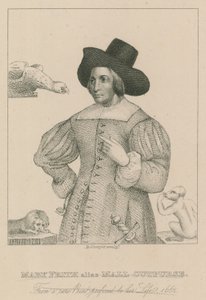 Mary Frith, alias Moll Curpurse, från ett sällsynt tryck med prefixet till hennes liv, 1662 av English School