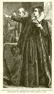 Mary Queen of Scots protesterar mot kommissionärerna som utsetts att undersöka hennes uppförande, 1568 av English School