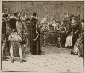 Mary Queen of Scots får besked om sin undergång, illustration från Cassells Illustrated History of England (sepiafoto) av English School
