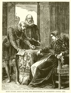 Mary Stuart om Sign her resignation, på Lochleven Castle, 1567 av English School