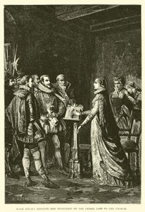 Mary Stuart protesterar mot att hon är oskyldig mot de brott som hon anklagats för av English School