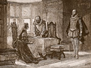 Mary undertecknar abdikationshandlingen i Lochleven Castle, illustration från Cassells Illustrated History of England (sepiafoto) av English School
