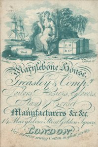 Marylebone House, Greasley & Co, skräddare, strumpor, handskar, stag och korsetttillverkare, 14 Marylebone Street, Golden Square, handelskort av English School