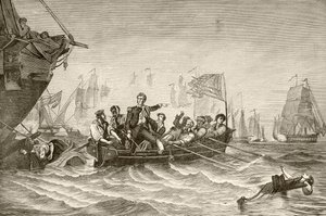 Befälhavare Oliver Hazard Perry flyttar från US Brig Lawrence till US Brig Niagra under slaget vid Lake Erie (litho) av English School