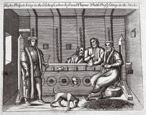 Mästare Philpots var i Colehouse, där han hittade Thomas Whittle, präst, sittande i stockarna, illustration från Acts and Monuments av John Foxe, nionde upplagan, pub. 1684 av English School