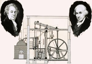 Matthew Boulton och James Watt med en av de patenterade ångmaskinerna av English School