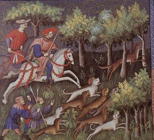 Medeltida aristokrater som jagar räv (tempera på papper) av English School