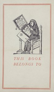 Medeltida skrivare arbetar på ett manuskript, bokägaretikett (färg litho) av English School