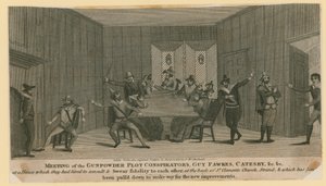 Möte av Gunpowder Plot-konspiratörerna, Guy Fawkes, Catesby, etc av English School