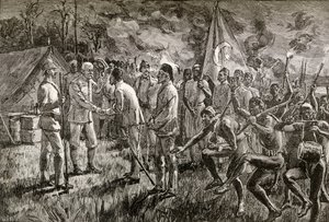 Mehmet Emin Pasha och Gaetano Casati anländer till Sir Henry Morton Stanleys sjöstrandläger vid Lake Albert 1889, 1890 (trägravyr) av English School