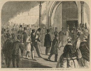 Medlemmar av Commons vid den privata dörren till huset i Westminster Hall av English School