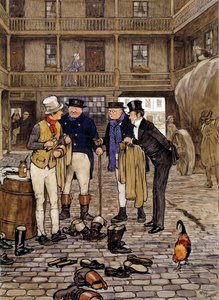 Medlemmar av Pickwick-klubben möter Sam Willer Illustration av Charles Dickens (1812-1870) verk från den engelska skolan. 1837 Privat samling av English School