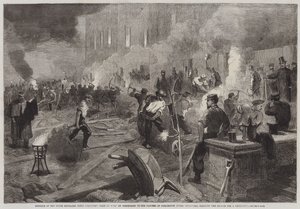 Medlemmar av South Middlesex Rifle Volunteers Corps at Work by Torchlight i Gardens of Burlington House, Piccadilly, rensar marken för Drill-Shed (gravyr) av English School