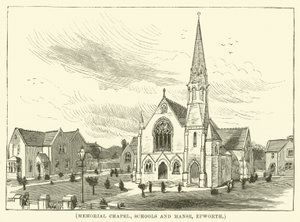 Minneskapell, skolor och prästgård, Epworth (gravyr) av English School