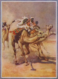 Män som rider på kameler i ett lopp i öknen (färg litho) av English School