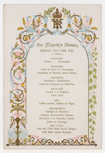 Meny för drottning Victorias middag måndagen den 21 juni 1897, dagen före hennes diamantjubileum av English School
