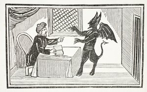 Mephistopheles kommer till Doctors house, illustration från Chap-books of the Eighteenth Century av John Ashton, pub. 1882 av English School