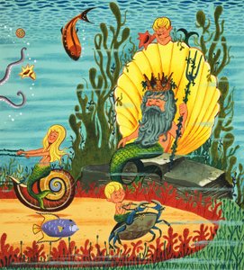 Mermaid Folk (gouache på papper) av English School
