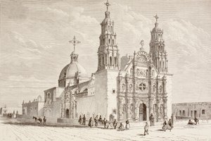 Metropolitan katedral på Plaza de Armas, Chihuahua, Mexiko under artonhundratalet (litho) av English School