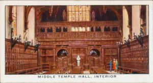 Middle Temple Hall, interiör (färglitografi) av English School