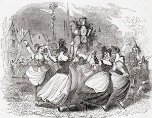 Mjölkflickans dans, med hög av tallrikar, May Day, England, från Old England: Ett bildmuseum, pub. 1847 av English School