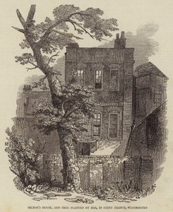 Miltons hus, och träd planterat av honom, i Petty France, Westminster (gravyr) av English School