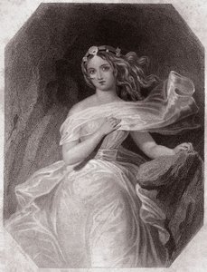 Miranda (The Tempest - La Tempete) i - "" Galerie des femmes de Shakespeare, samling av fyrtiofem seriösa porträtt av de första konstnärerna i London, berikade av kritiska och litterära notiser""" runt 1838 - från "" Gallery of the women av Shakespeare, av English School