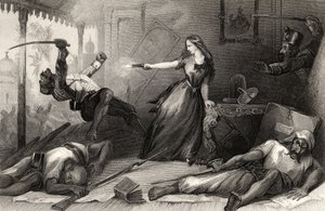 Miss Wheeler försvarade sig mot Sepoys i Cawnpore 1857, från "The History of the Indian Mytery", publicerad 1858 (gravyr) av English School