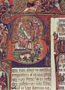 Mms 9961-2 Historiad initial B från Peterborough Psalter föreställande kung David spelar harpa, engelska, (ca 1310-20) av English School
