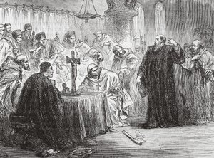 Mollio kastar ner sin fackla före inkvisitionen, illustration från The History of Protestantism av James Aitken Wylie (1808-1890), pub. 1878 av English School