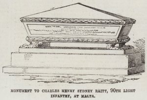 Monument till Charles Henry Sydney Raitt, 90:e lätta infanteriet, på Malta (gravyr) av English School