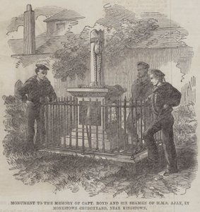 Monument till minnet av kapten Boyd och sex sjömän från HMS Ajax, i Monkstown Churchyard, nära Kingstown (gravyr) av English School