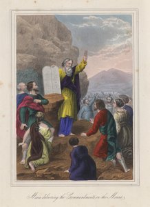 Moses överlämnar de tio budorden (kolorerad gravyr) av English School