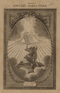 Moses tar emot lagens tabeller, 2 Mosebok, kapitel 31, vers 18 (gravyr) av English School