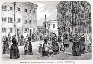 Mödrar med sina barn tränar i Tothill Fields Prison, från "The Criminal Prisons of London and Scenes of Prison Life" av Henry Mayhew (1812-87) och John Binny av English School