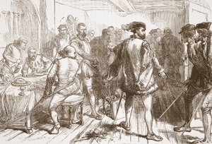 Mouchares band som attackerar protestanterna på Hostelry i Faubourg St. Germain, illustration från The History of Protestantism av James Aitken Wylie (1808-1890), pub. 1878 av English School