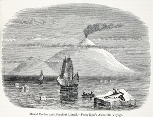 Mount Erebus och Beaufort Island från Rosss Antarctic Voyage av English School